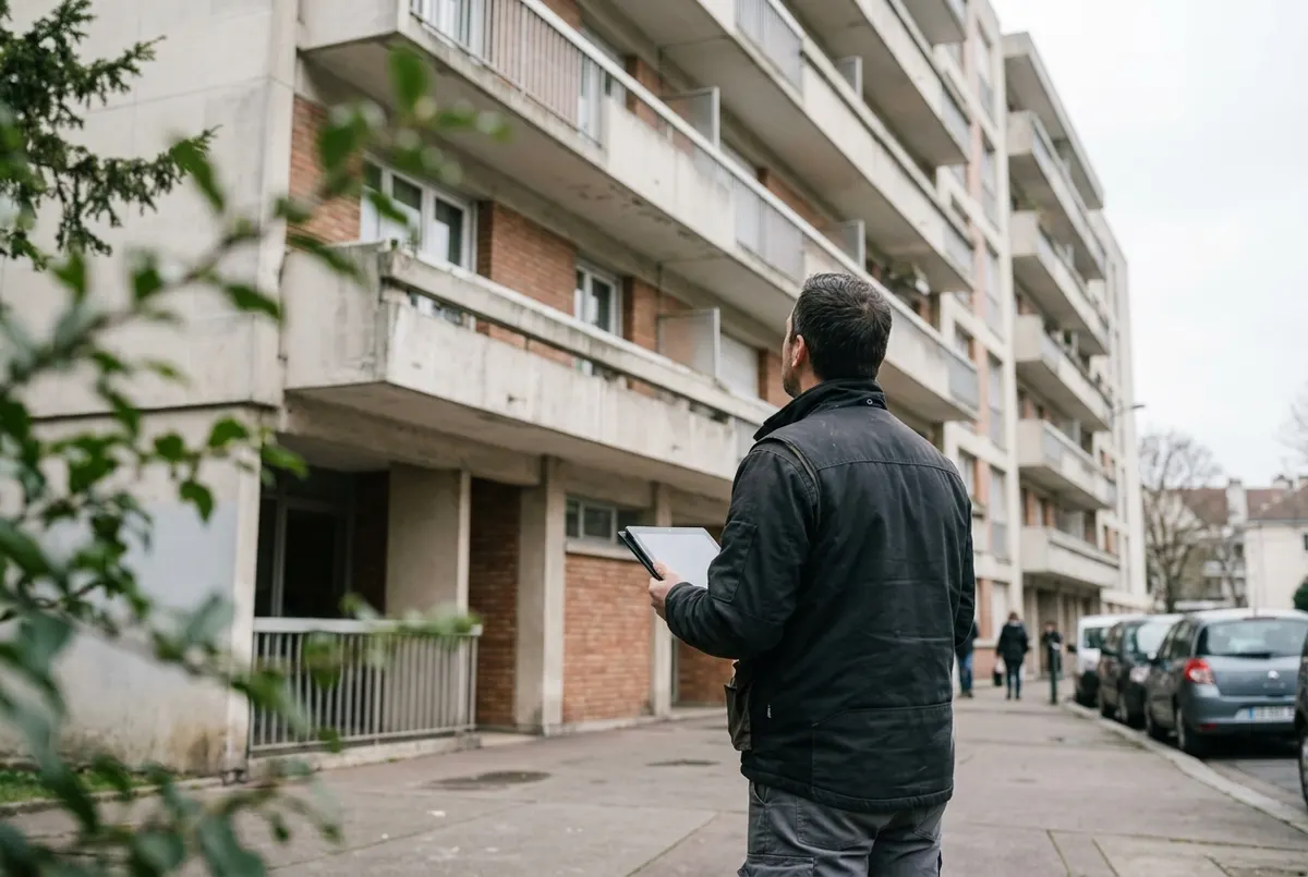 Professionnel du bâtiment observant la façade d’un immeuble
