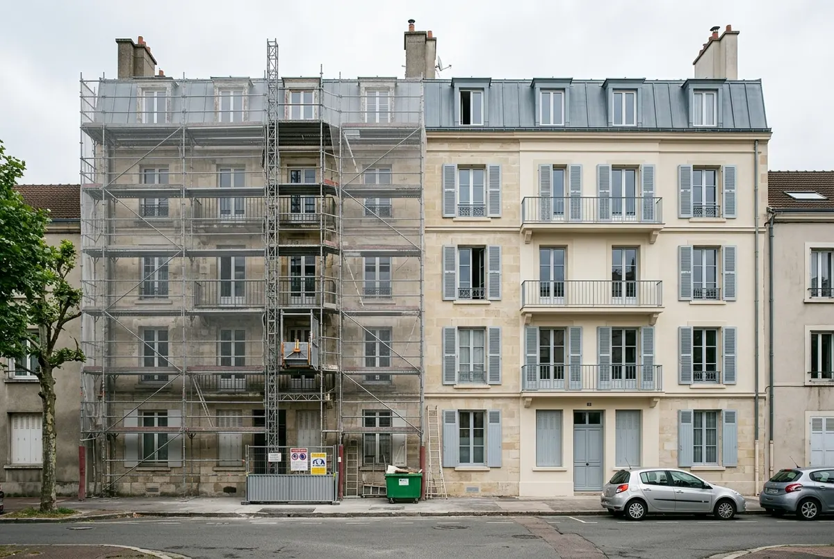 Façade d’immeuble en copropriété pendant un ravalement